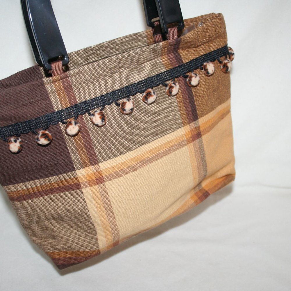 NWOT POM POM PURSE AUTUMN PLAID CANVAS TOASTED BROWN SMALL TOTE BAG CARRYALL - Picture 5 of 15